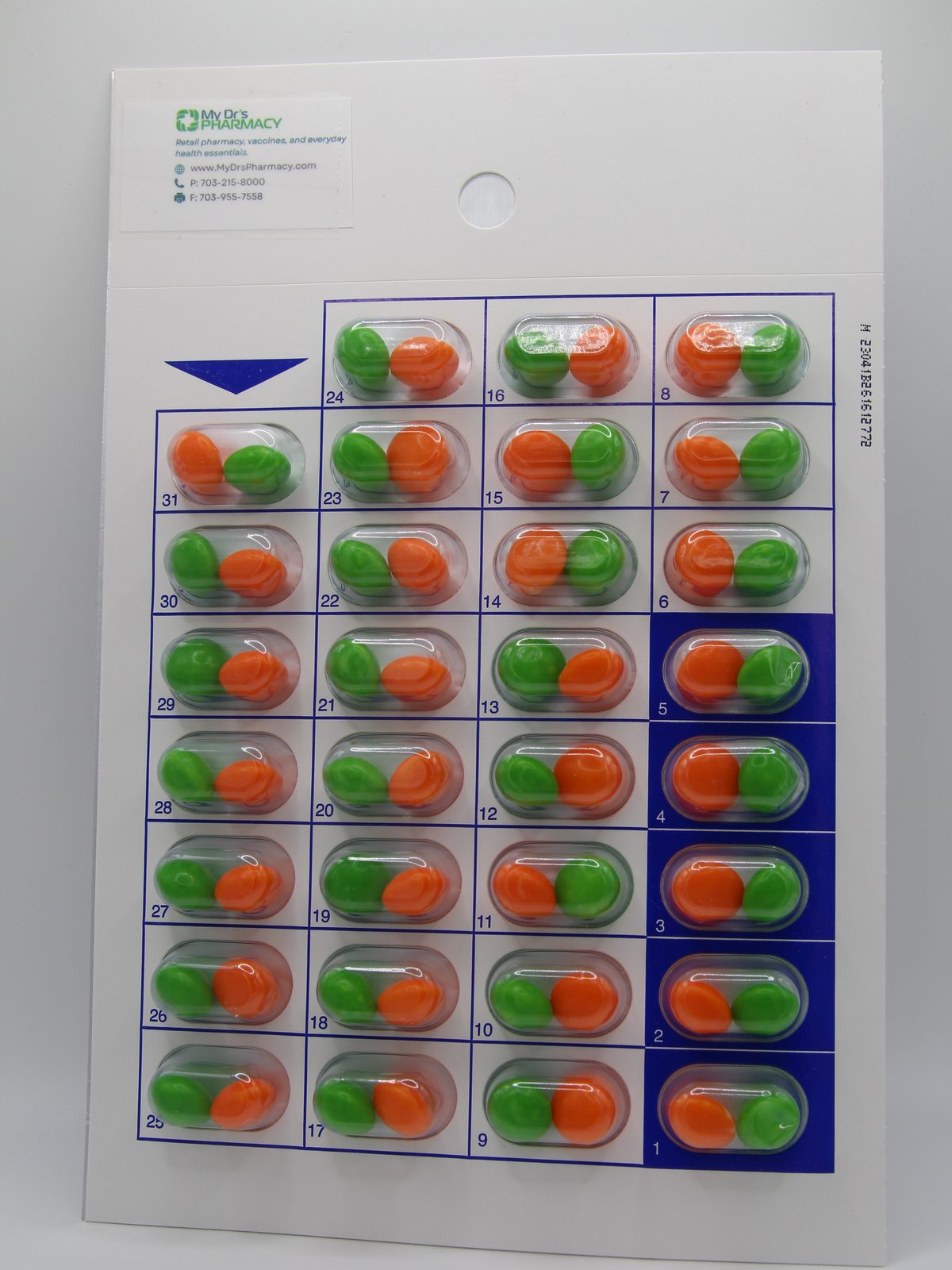 A My Dr's Pharmacy dose card with each day's medications sealed in clearly numbered packs