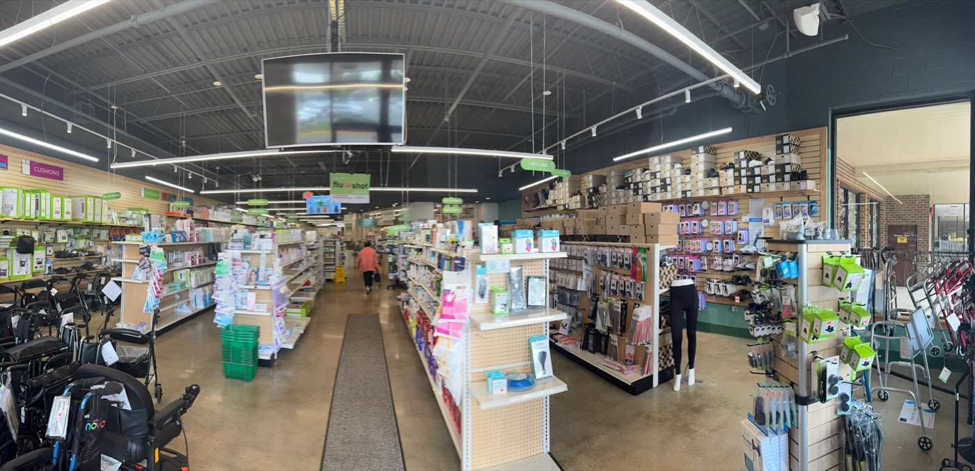 Inside the medical equipment aisle at our Herndon store — walkers, rollators, braces, and more